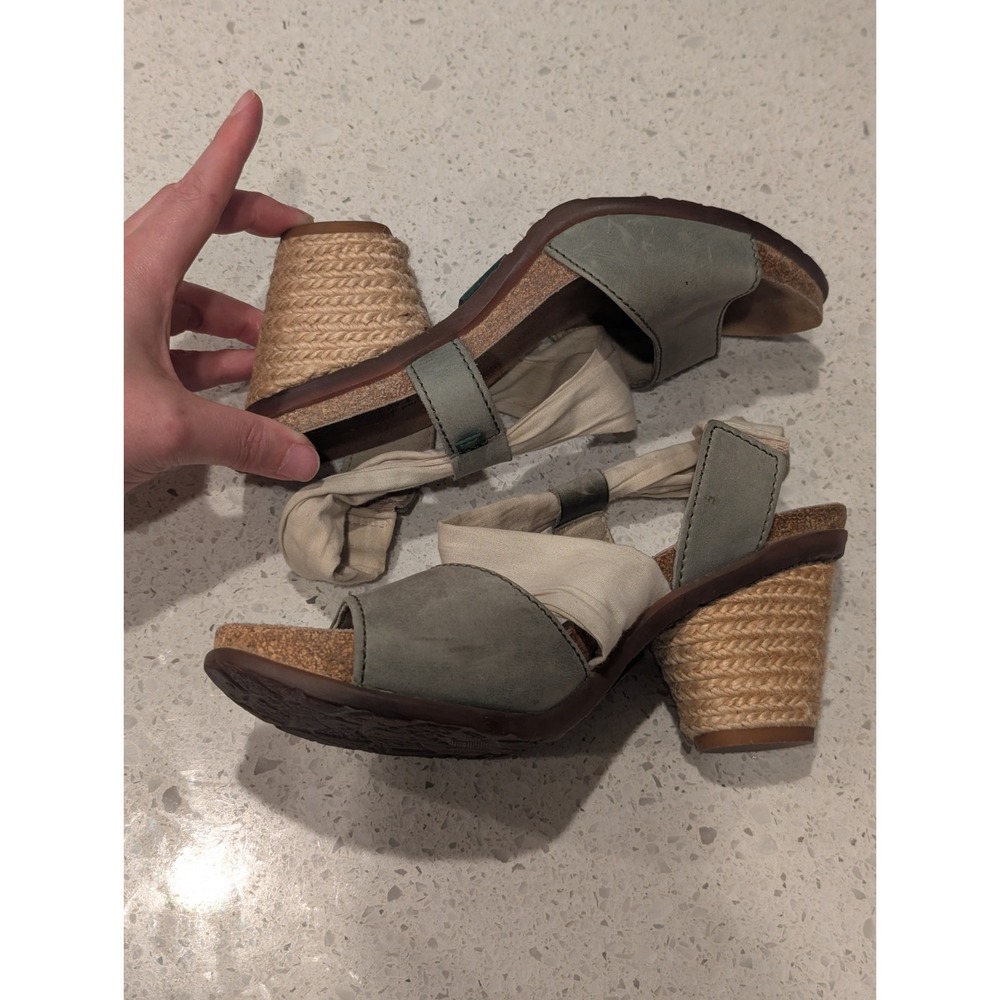 El Naturalista Block Heeled Sandals Ankle Strap Tan Fabric Green Leather  37 / 7 - Picture 6 of 11